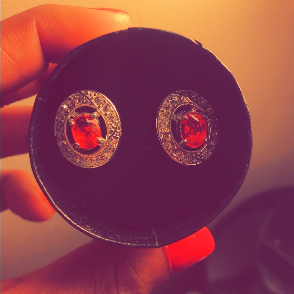 SILVER EARRINGS W/ORANGISH RED GEMS AND DIAMONDS!